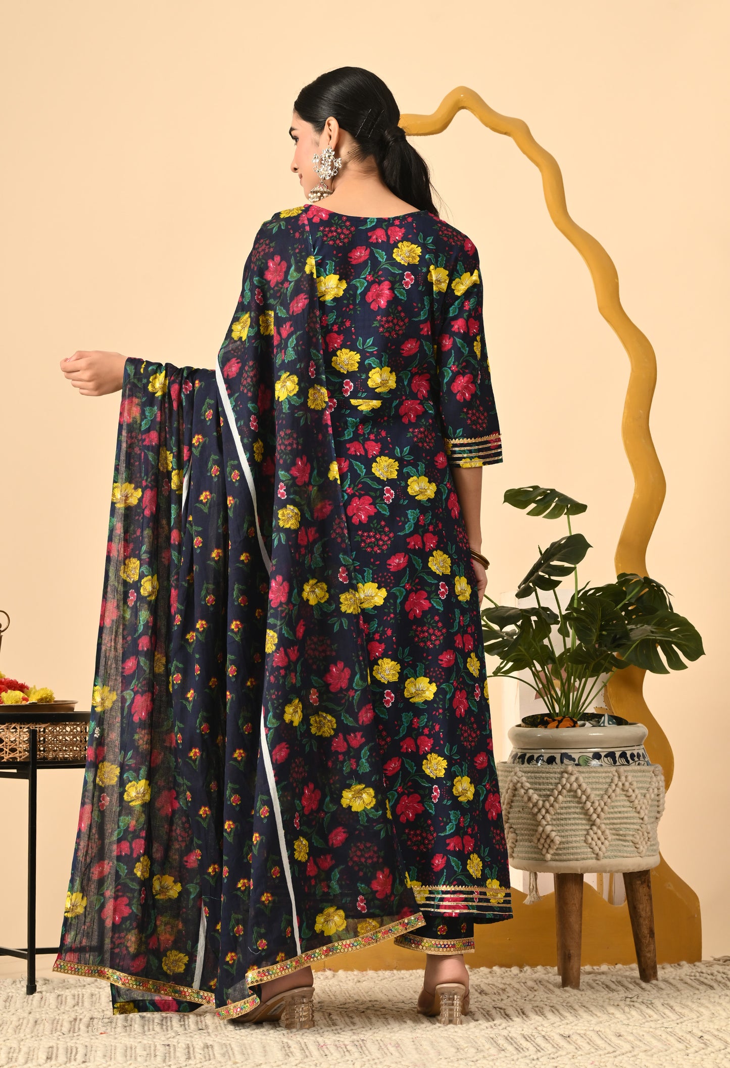 Women Printed Cotton Blend Party wear Set (NAVY)