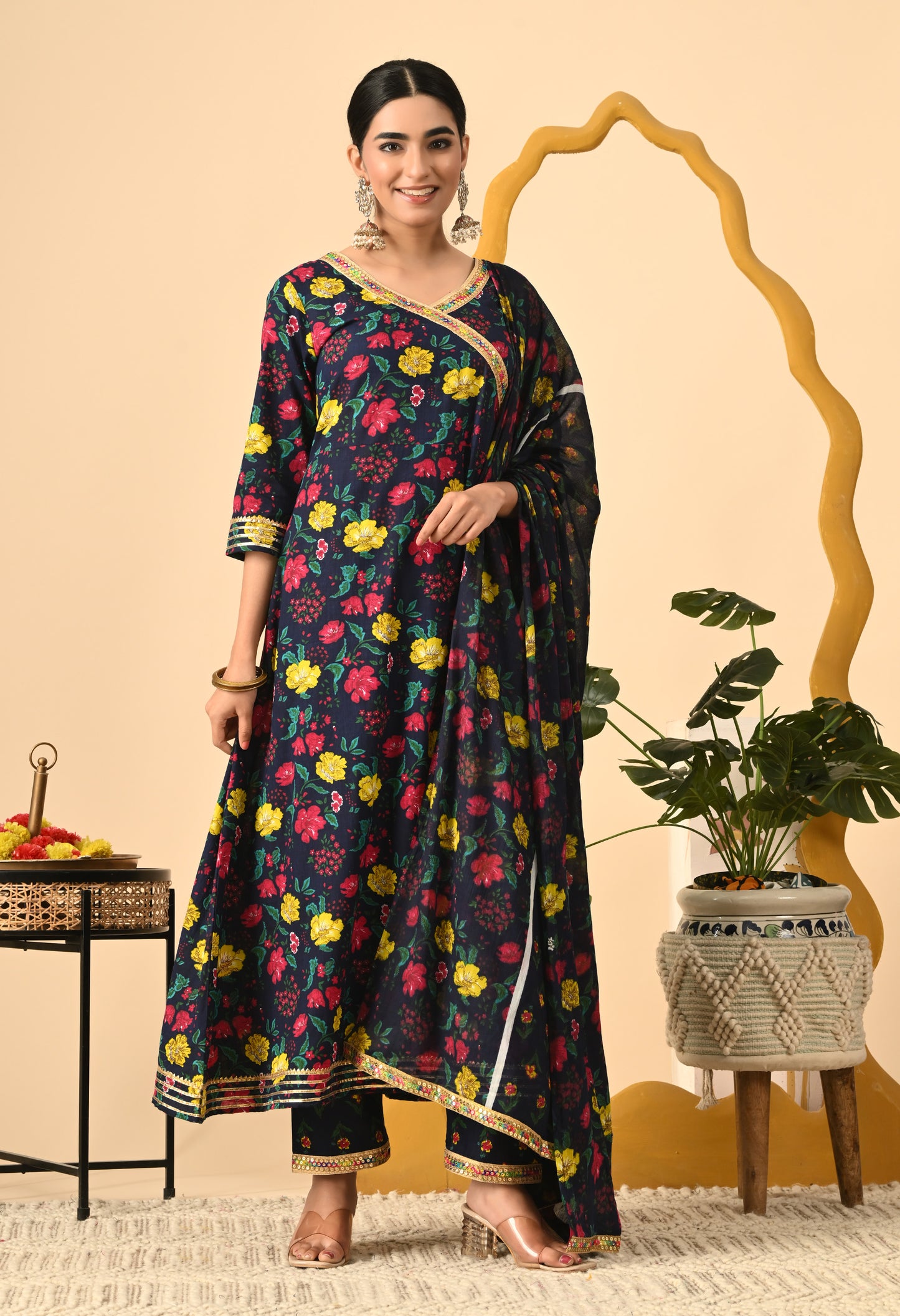 Women Printed Cotton Blend Party wear Set (NAVY)
