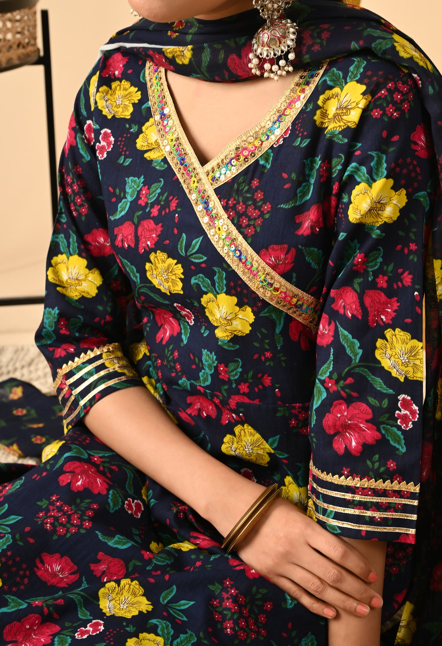 Women Printed Cotton Blend Party wear Set (NAVY)