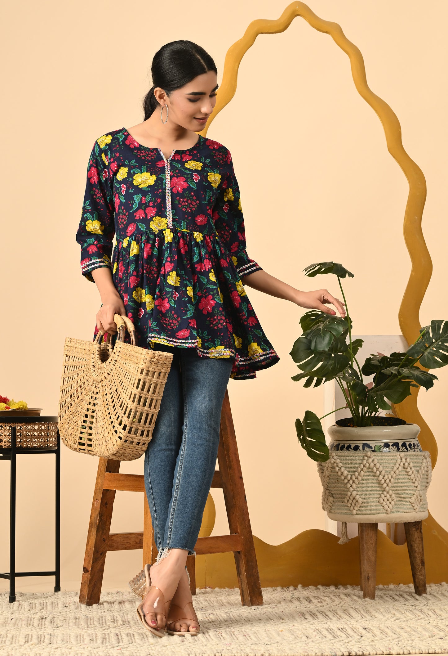 Women Printed Party wear Casual Cotton Top (Yellow)