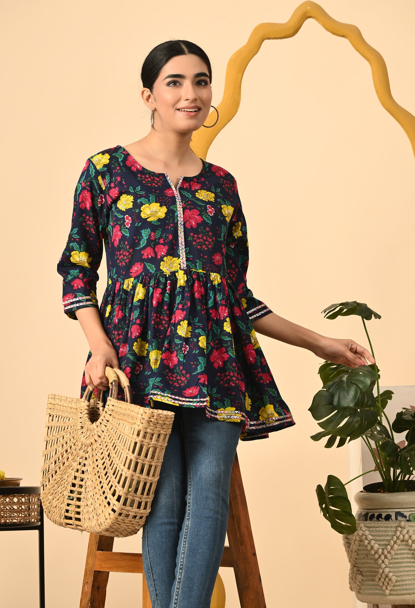 Women Printed Party wear Casual Cotton Top (Yellow)