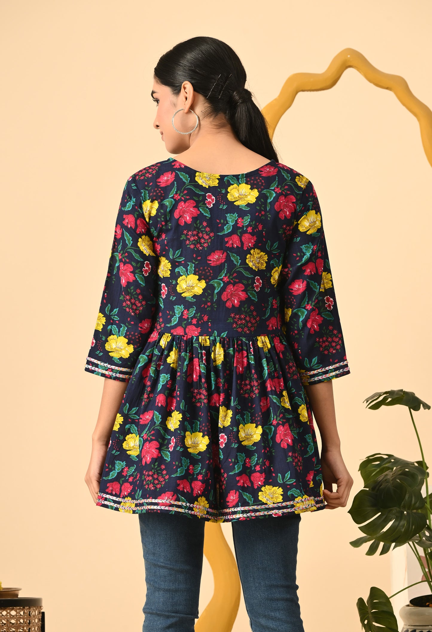 Women Printed Party wear Casual Cotton Top (Yellow)
