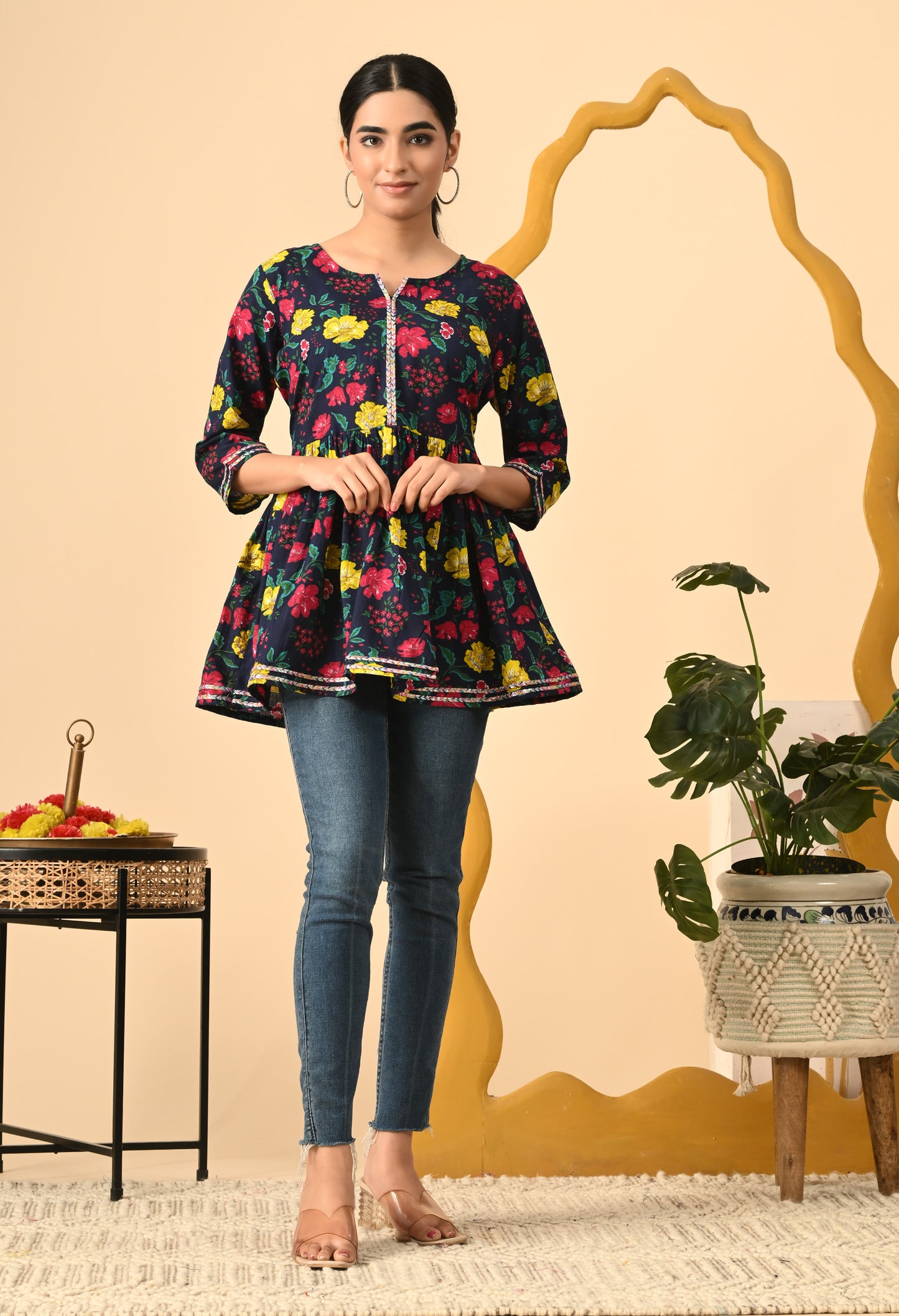 Women Printed Party wear Casual Cotton Top (Yellow)