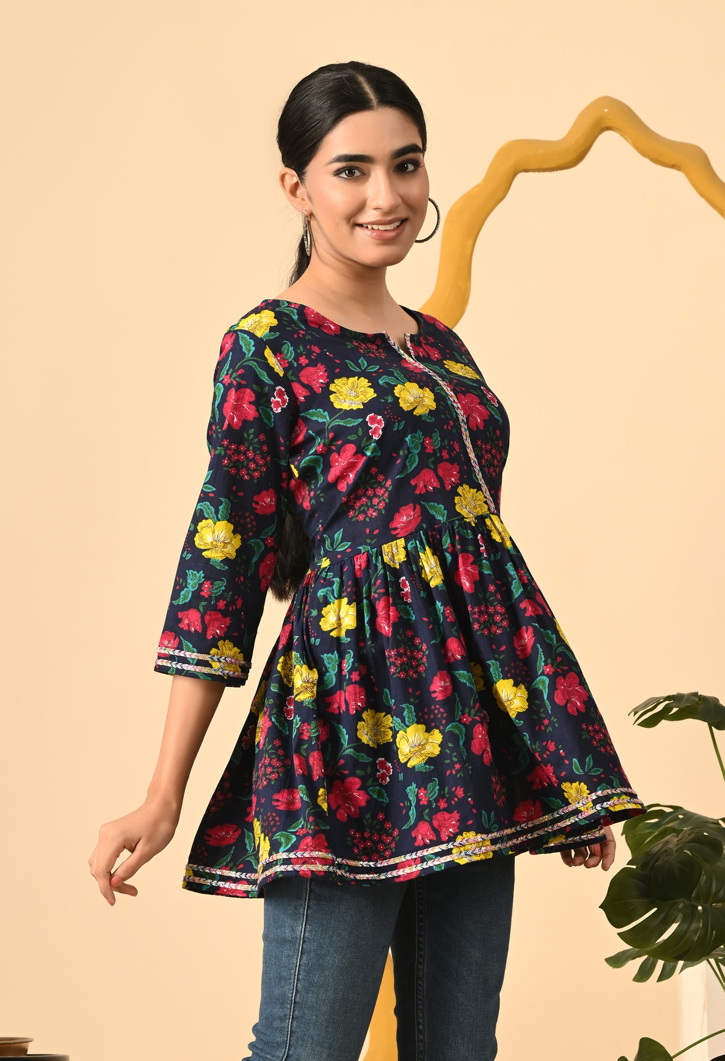 Women Printed Party wear Casual Cotton Top (Yellow)