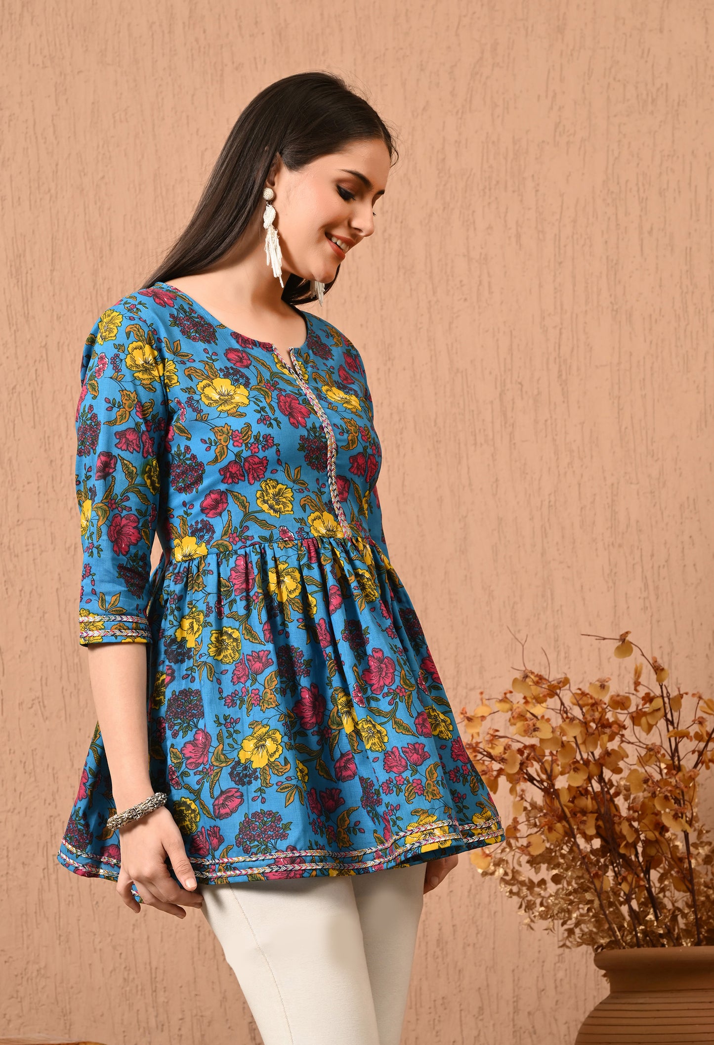 Women Printed Party wear Casual Cotton Top (Yellow)