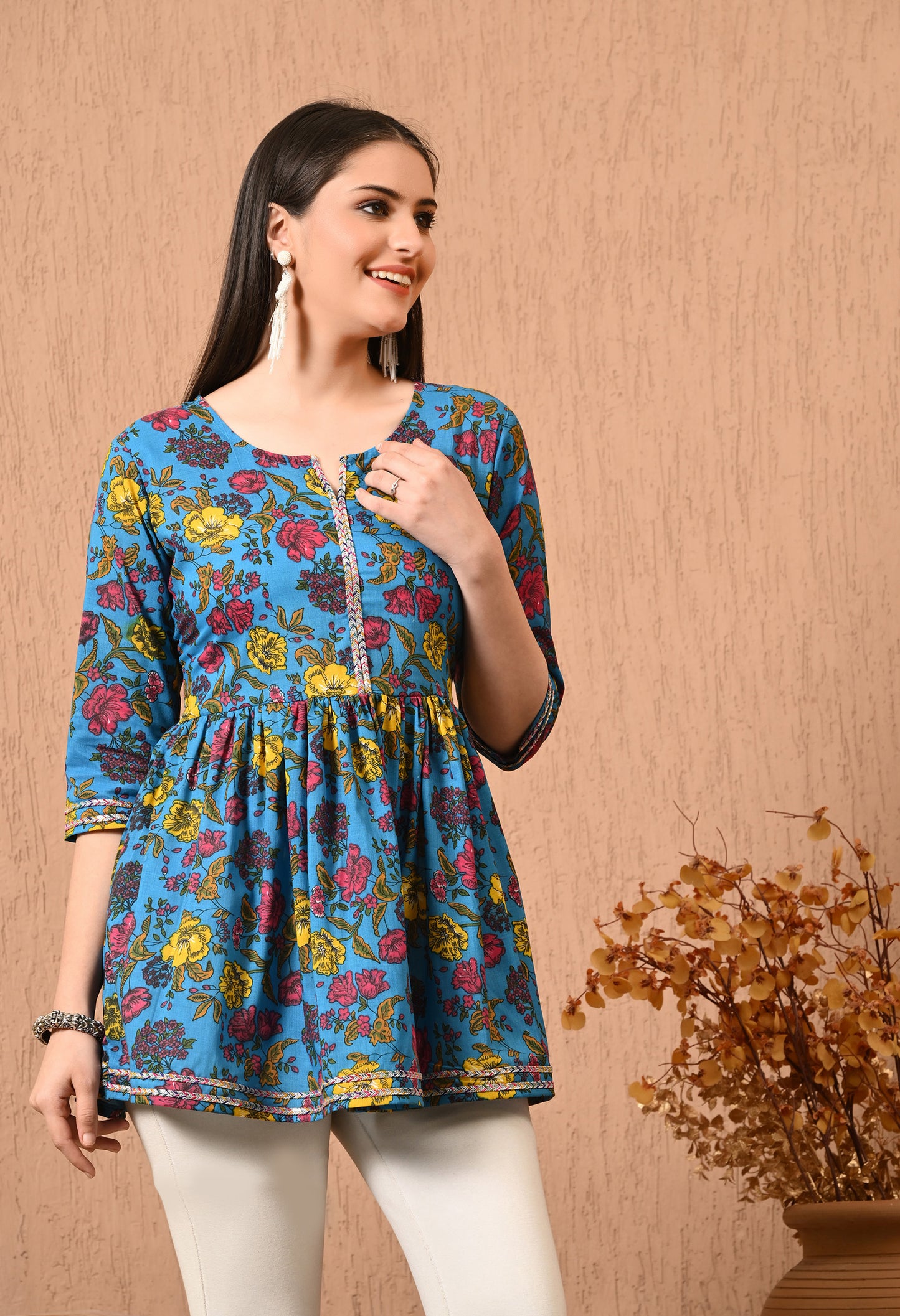 Women Printed Party wear Casual Cotton Top (Yellow)