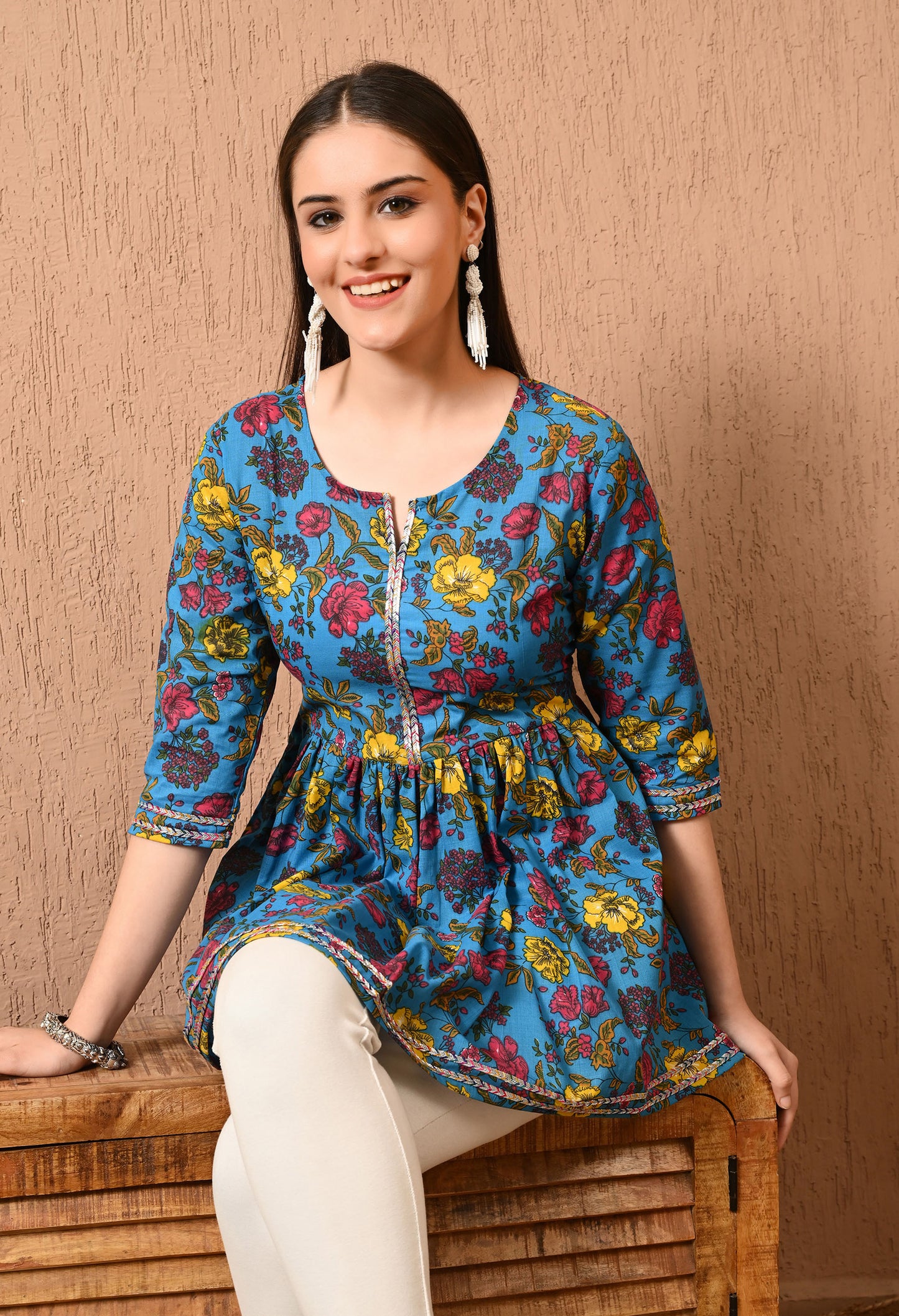 Women Printed Party wear Casual Cotton Top (Yellow)
