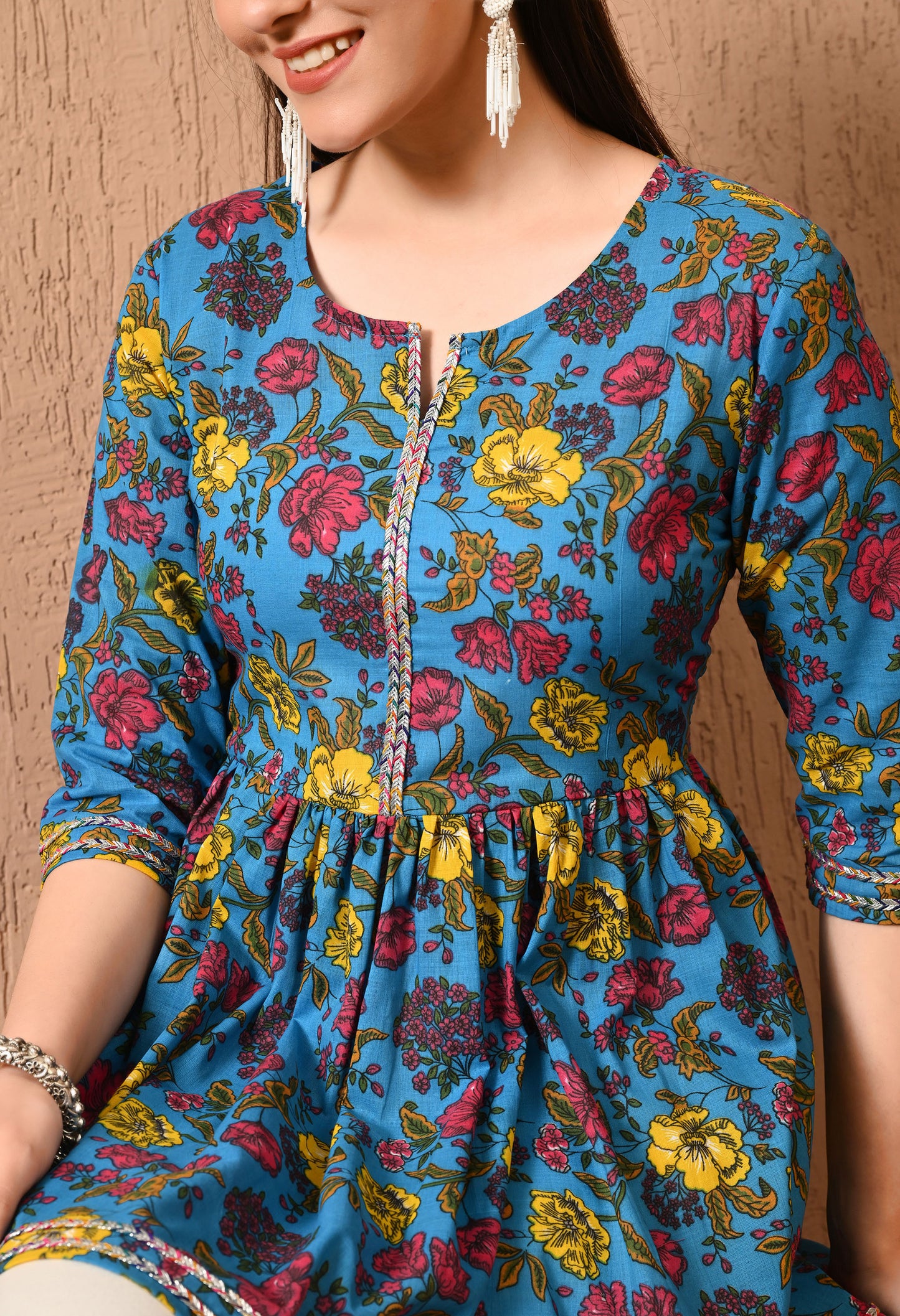 Women Printed Party wear Casual Cotton Top (Yellow)
