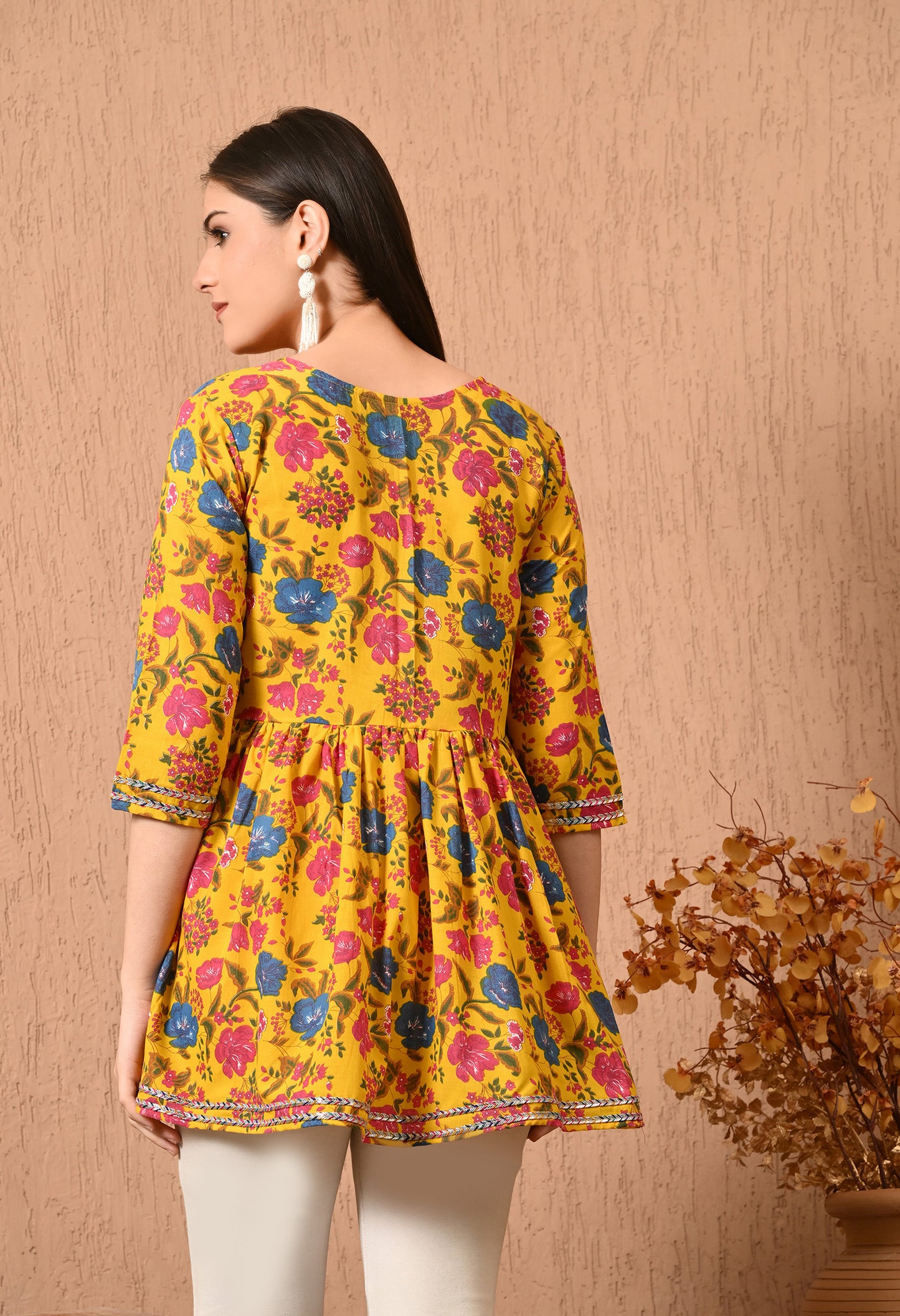 Women Printed Party wear Casual Cotton Top (Yellow)