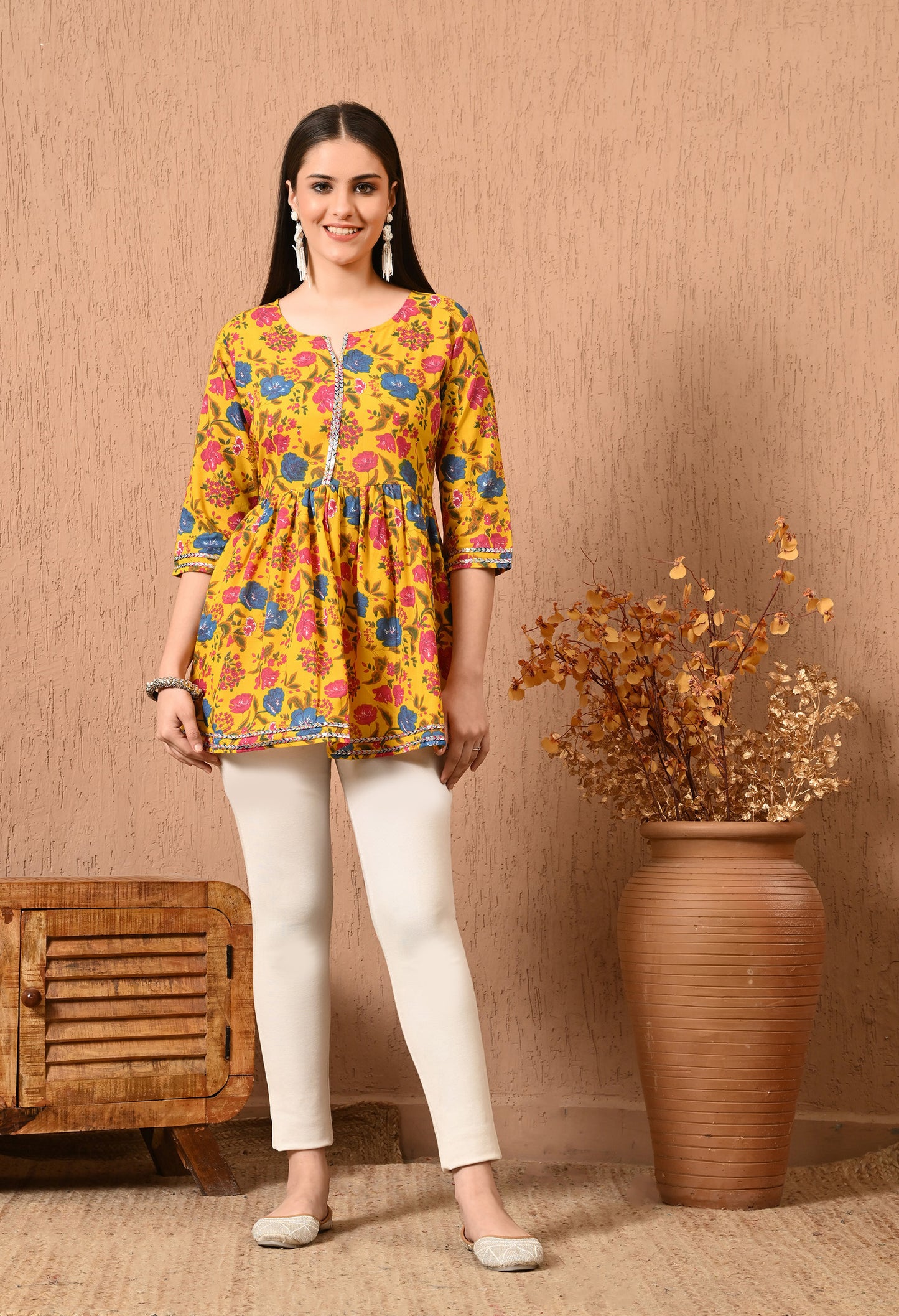 Women Printed Party wear Casual Cotton Top (Yellow)