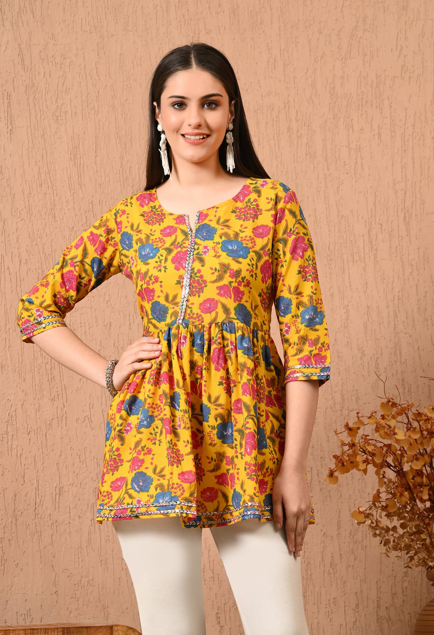 Women Printed Party wear Casual Cotton Top (Yellow)