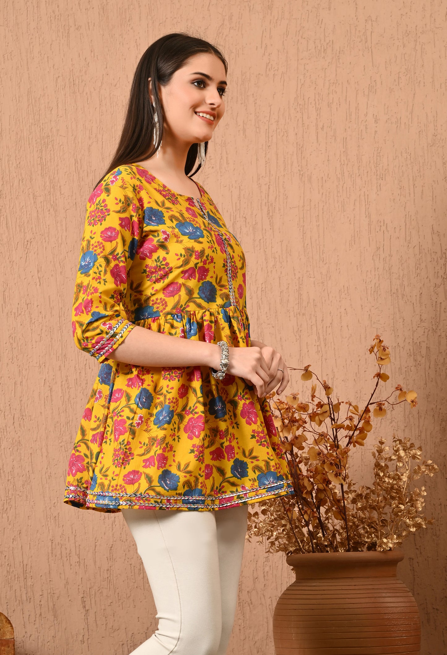 Women Printed Party wear Casual Cotton Top (Yellow)