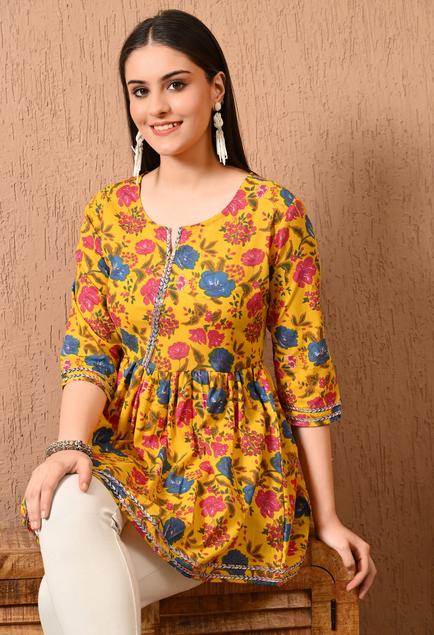 Women Printed Party wear Casual Cotton Top (Yellow)