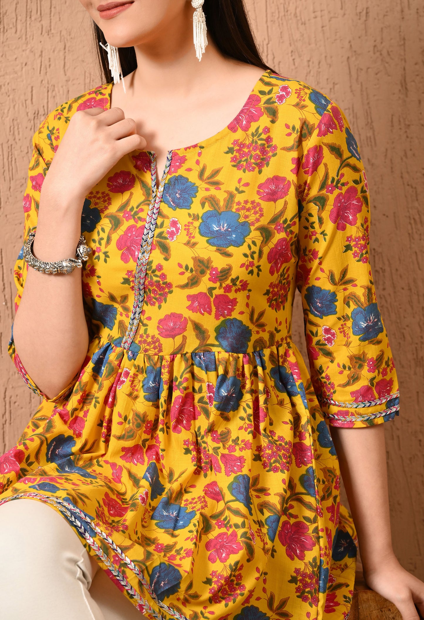 Women Printed Party wear Casual Cotton Top (Yellow)