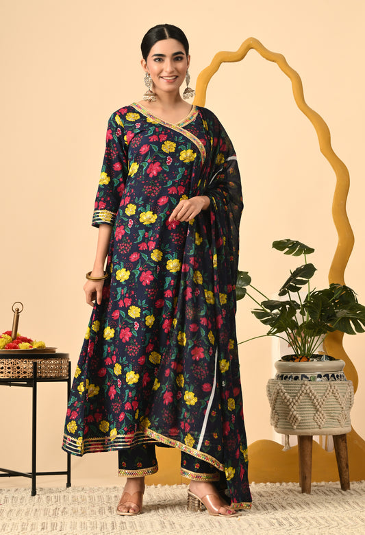 Women Printed Cotton Blend Party wear Set (NAVY)