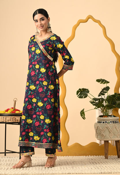 Women Printed Cotton Blend Party wear Set (NAVY)