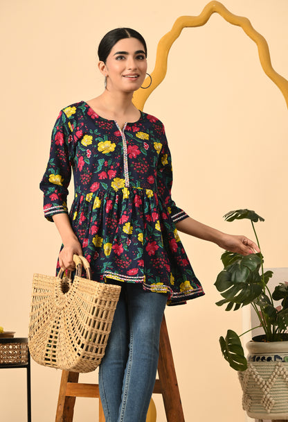 Women Printed Party wear Casual Cotton Top (Yellow)