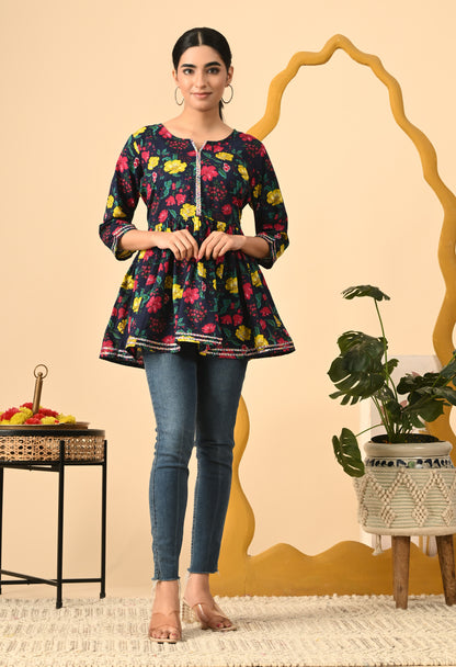 Women Printed Party wear Casual Cotton Top (Yellow)