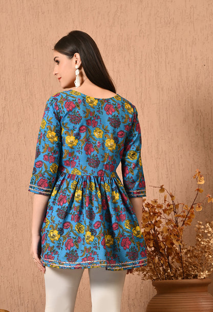 Women Printed Party wear Casual Cotton Top (Yellow)