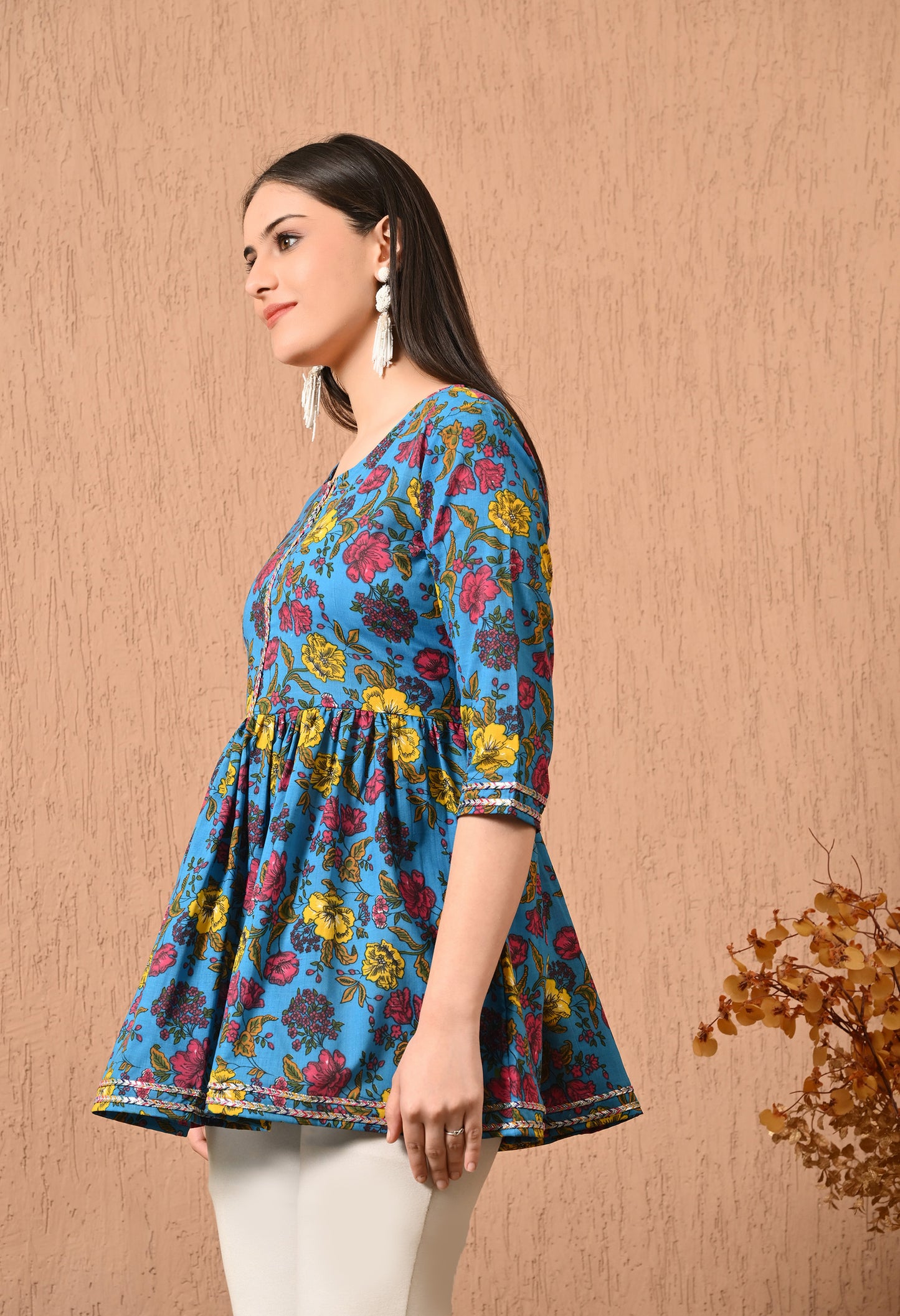 Women Printed Party wear Casual Cotton Top (Yellow)
