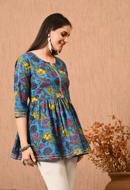 Women Printed Party wear Casual Cotton Top (Yellow)