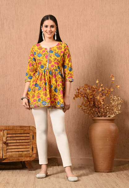 Women Printed Party wear Casual Cotton Top (Yellow)