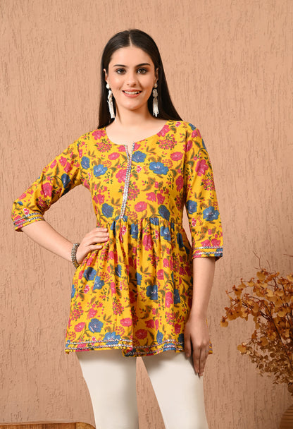 Women Printed Party wear Casual Cotton Top (Yellow)