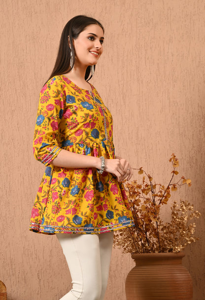 Women Printed Party wear Casual Cotton Top (Yellow)