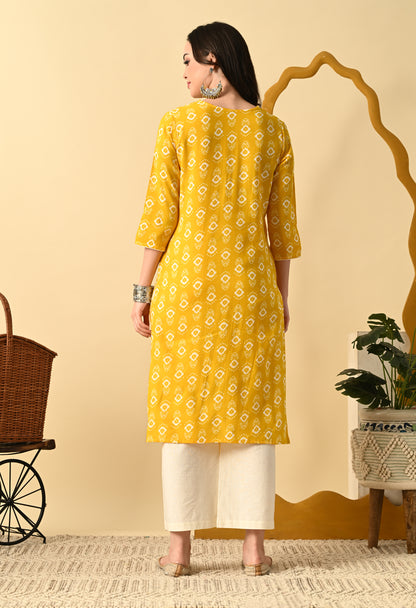 Women Cotton Printed Straight Kurti(Yellow)