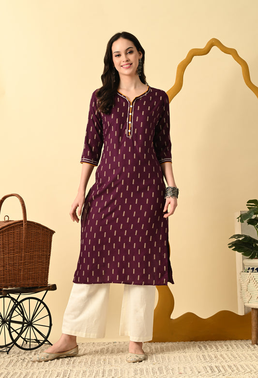 Women Cotton Printed Straight Kurti(Maroon)